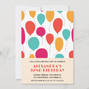 92nd birthday invitations Balloons Colourful