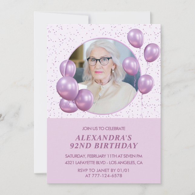 92nd birthday invitations Photo Purple Balloons (Front)