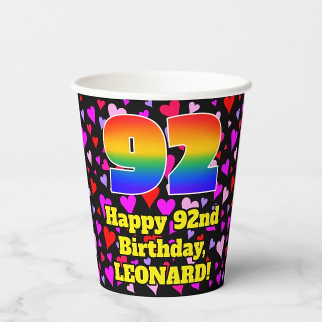 92nd Birthday: Loving Hearts Pattern, Rainbow 92 Paper Cups (Back)