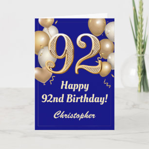92nd Birthday Navy Blue and Gold Balloons Confetti Card