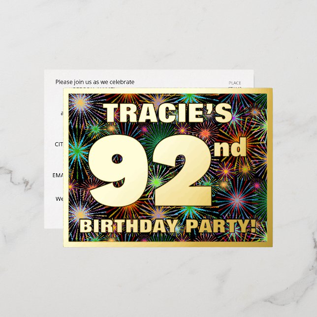 92nd Birthday Party: Bold, Colourful Fireworks Loo Foil Invitation Postcard (Front/Back)