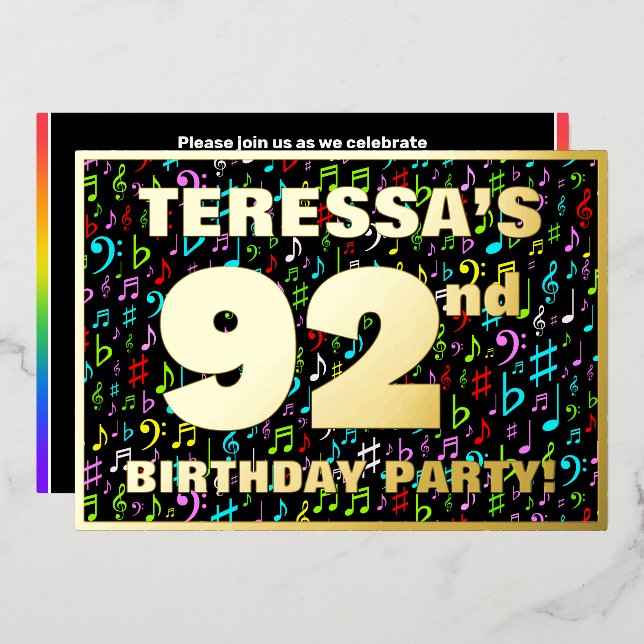 92nd Birthday Party — Fun, Colorful Music Symbols (Front/Back)