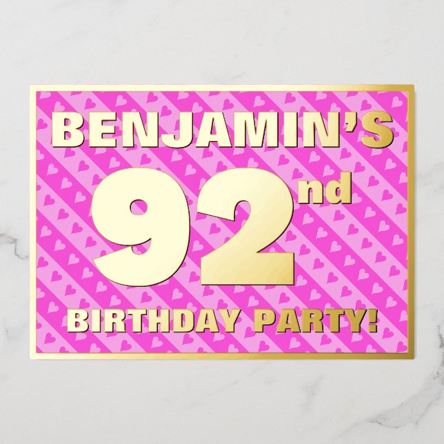92nd Birthday Party — Fun Pink Hearts and Stripes (Front)