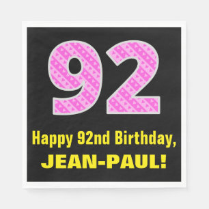 92nd Birthday: Pink Stripes and Hearts "92" + Name Napkin