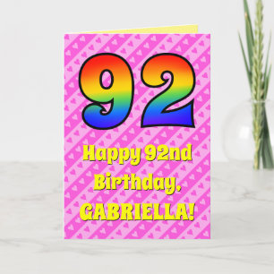 92nd Birthday: Pink Stripes & Hearts, Rainbow # 92 Card