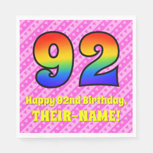 92nd Birthday: Pink Stripes & Hearts, Rainbow # 92 Napkin