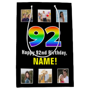 92nd Birthday: Rainbow “92“, Custom Photos & Name Medium Gift Bag