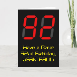 92nd Birthday: Red Digital Clock Style "92" + Name Card
