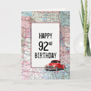 92nd Birthday Red Retro Truck on Map Card