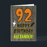 92nd Birthday: Spooky Halloween Theme, Custom Name Card<br><div class="desc">The front of this scary and spooky Hallowe'en birthday themed greeting card design features a large number "92" and the message "HAPPY BIRTHDAY, ", plus an editable name. There are also depictions of a ghost and a bat on the front. The inside features a customizable birthday greeting message, or could...</div>