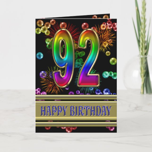 92nd Birthday with rainbow bubbles and fireworks Card (Front)