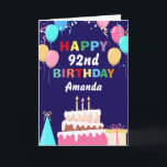 92nd Happy Birthday Balloons Cake Navy Blue Card<br><div class="desc">92nd Happy Birt5hday Colourful Balloons Cake Navy Blue with personalized name. For further customization,  please click the "Customize it" button and use our design tool to modify this template.</div>