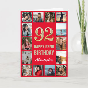 92nd Happy Birthday Red and Gold Photo Collage Card