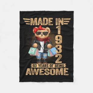 93 Year Old Made In 1932 Teddy Bear 93rd Birthday  Fleece Blanket