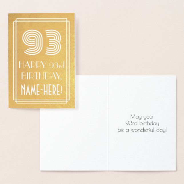 93rd Birthday – Art Deco Inspired Look "93" + Name Foil Card (Display)