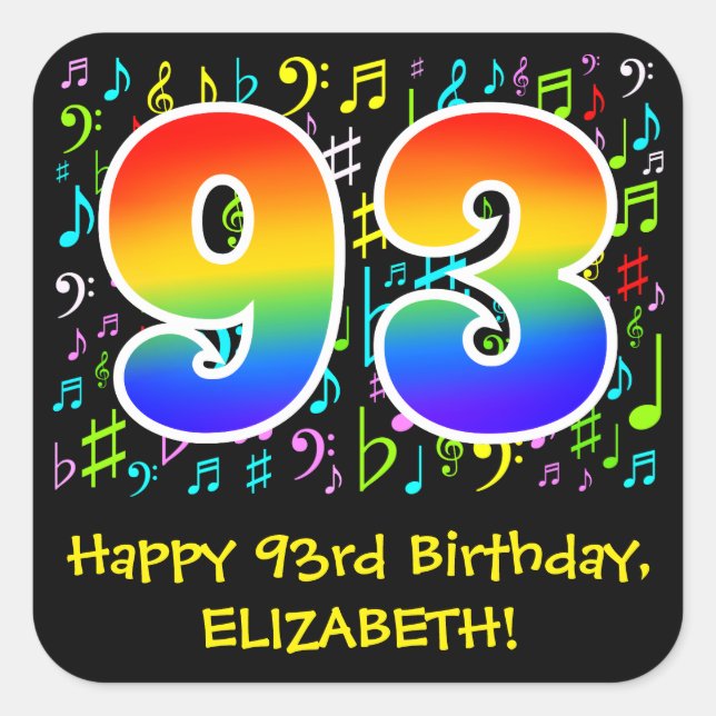 93rd Birthday: Colourful Music Symbols, Rainbow 93 Square Sticker (Front)