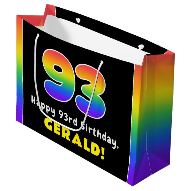 93rd Birthday: Colourful Rainbow # 93, Custom Name Large Gift Bag (Front Angled)