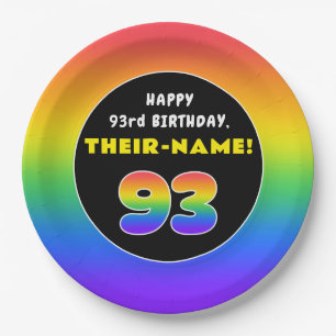 93rd Birthday: Colourful Rainbow # 93, Custom Name Paper Plate