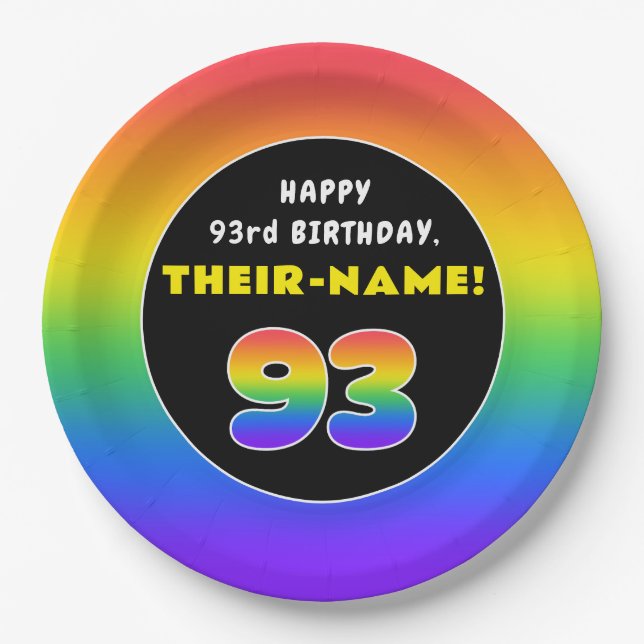 93rd Birthday: Colourful Rainbow # 93, Custom Name Paper Plate (Front)