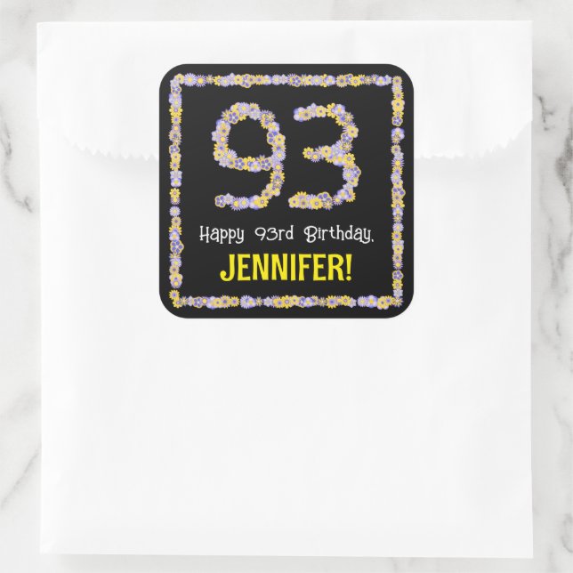 93rd Birthday: Floral Flowers Number, Custom Name Square Sticker (Bag)