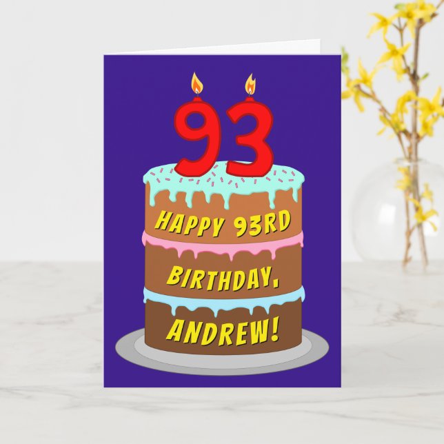 93rd Birthday: Fun Cake and Candles + Custom Name Card (Yellow Flower)