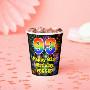 93rd Birthday: Fun Fireworks Pattern + Rainbow 93 Paper Cups