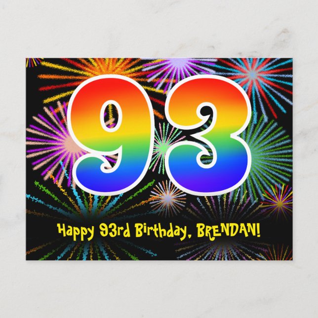 93rd Birthday – Fun Fireworks Pattern + Rainbow 93 Postcard (Front)