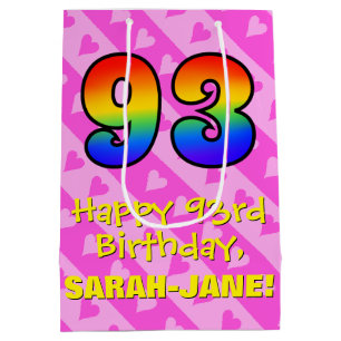 93rd Birthday: Fun Pink Hearts Stripes; Rainbow 93 Medium Gift Bag