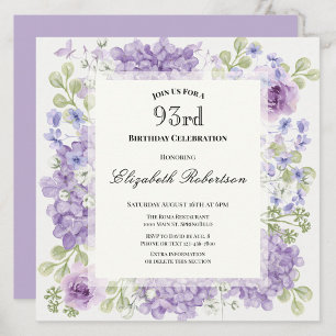 93rd Birthday Invitation Elegant Purple Flowers