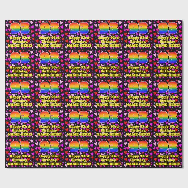 93rd Birthday: Loving Hearts Pattern, Rainbow # 93 Wrapping Paper (Flat)
