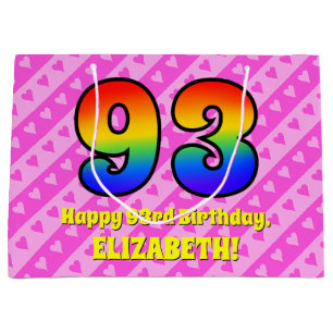 93rd Birthday: Pink Stripes & Hearts, Rainbow # 93 Large Gift Bag
