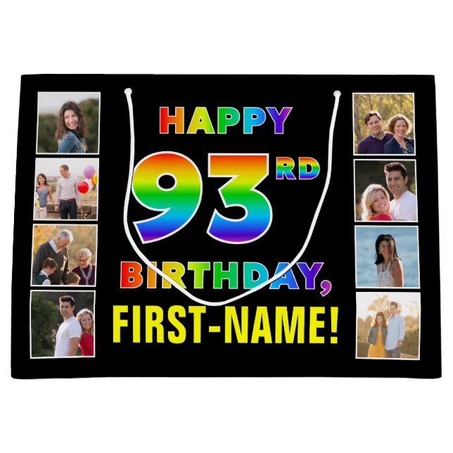 93rd Birthday: Rainbow Text, Custom Photos & Name Large Gift Bag (Front)