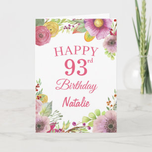 93rd Birthday Watercolor Floral Flowers Pink Card