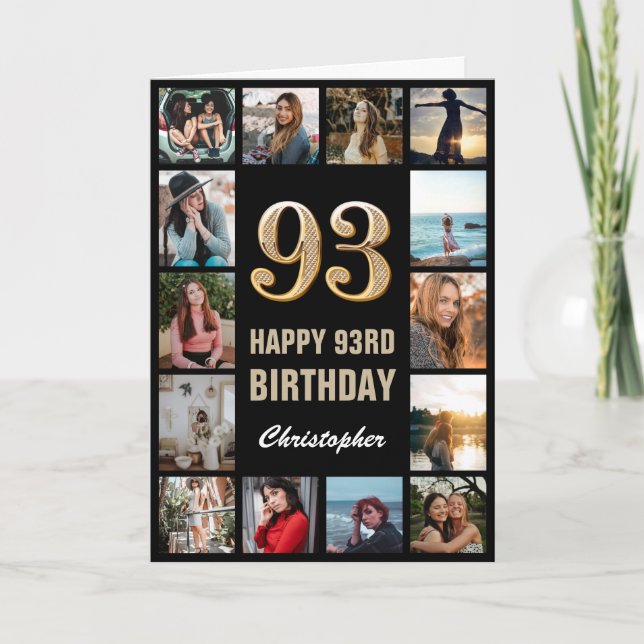 93rd Happy Birthday Black and Gold Photo Collage Card (Front)