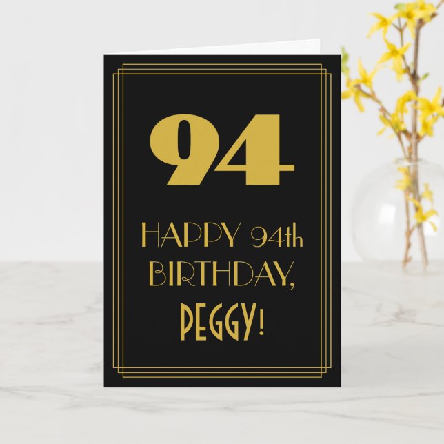 94th Birthday – Art Deco Inspired Look "94" & Name Card (Yellow Flower)