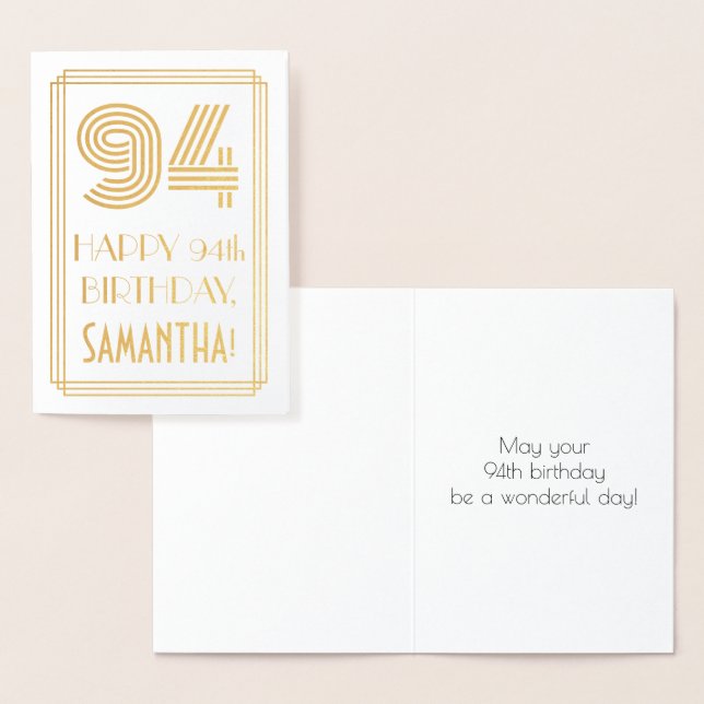 94th Birthday - Art Deco Inspired Look "94" & Name Foil Card (Display)