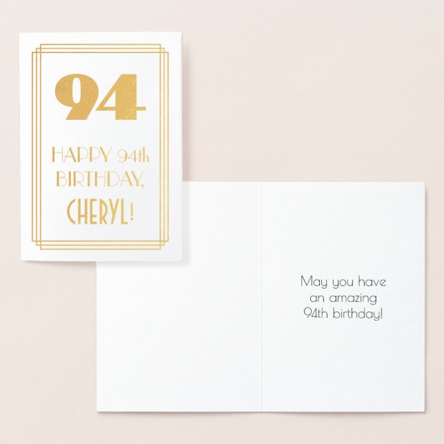 94th Birthday: Art Deco Inspired Look "94" & Name Foil Card (Display)