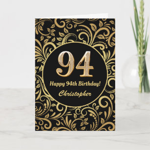 94th Birthday Black and Gold Floral Pattern Card