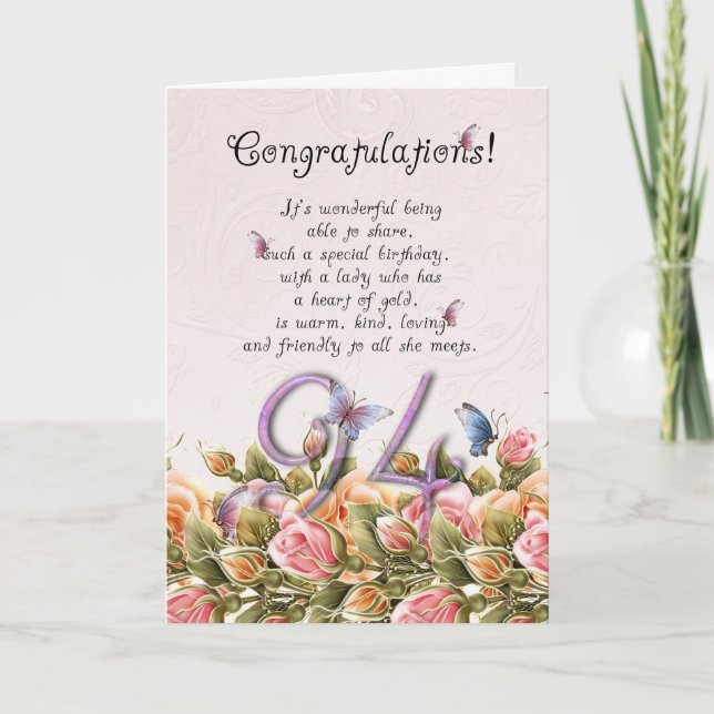 94th birthday card with butterflies and roses (Front)