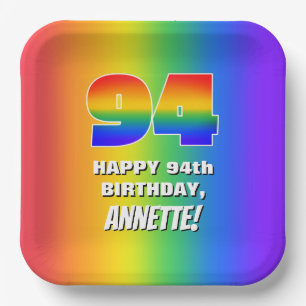 94th Birthday: Colourful, Fun Rainbow Pattern # 94 Paper Plate