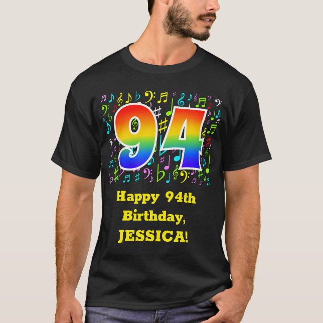 94th Birthday: Colourful Music Symbols, Rainbow 94 T-Shirt (Front)