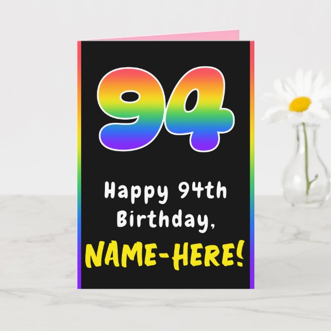 94th Birthday: Colourful Rainbow # 94, Custom Name Card (Small Plant)