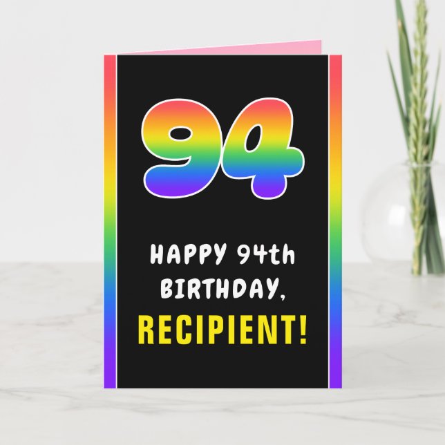 94th Birthday: Colourful Rainbow # 94, Custom Name Card (Front)