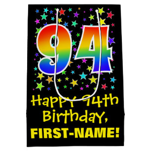 94th Birthday: Colourful Stars Pattern & Rainbow 9 Medium Gift Bag