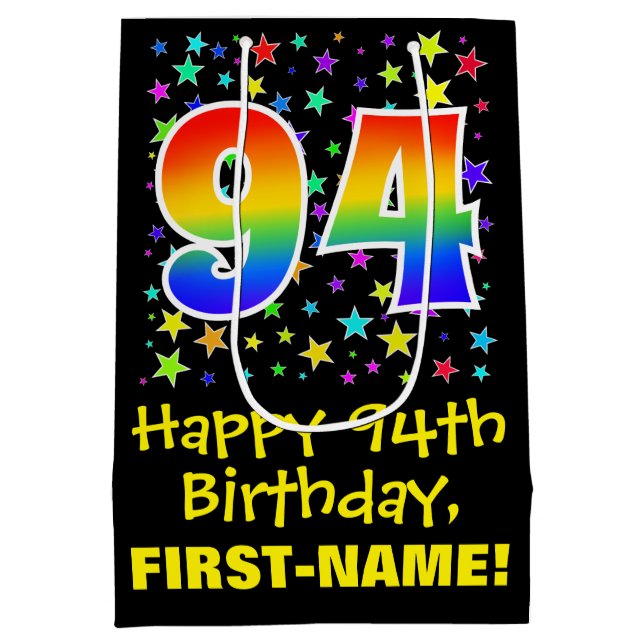 94th Birthday: Colourful Stars Pattern & Rainbow 9 Medium Gift Bag (Back)