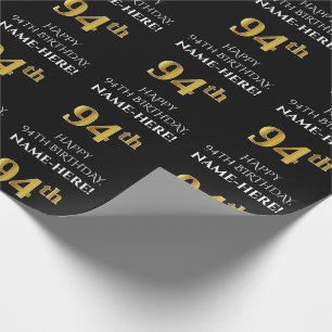 94th Birthday: Elegant, Black, Faux Gold Look Wrapping Paper