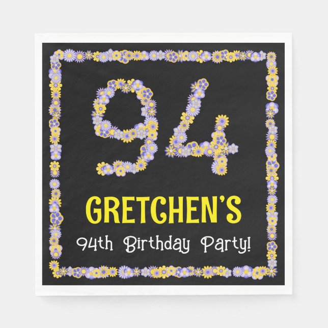 94th Birthday: Floral Flowers Number, Custom Name Napkin (Front)