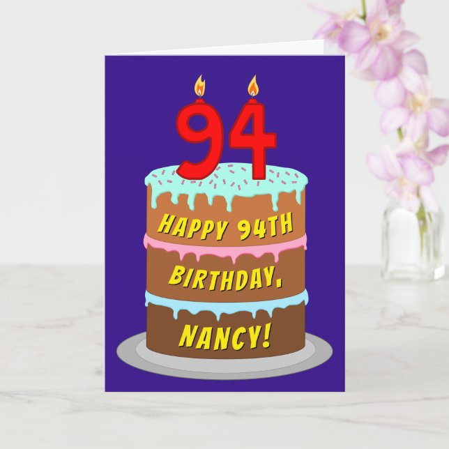 94th Birthday: Fun Cake and Candles + Custom Name Card (Orchid)