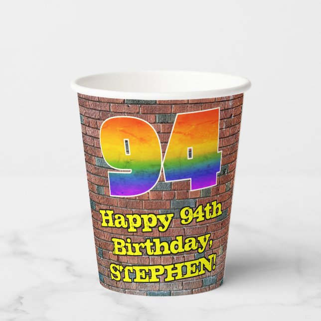 94th Birthday: Fun Graffiti-Inspired Rainbow 94 Paper Cups (Back)