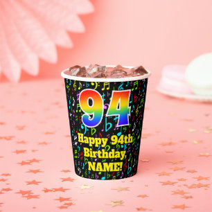 94th Birthday: Fun Music Notes Pattern, Rainbow 94 Paper Cups